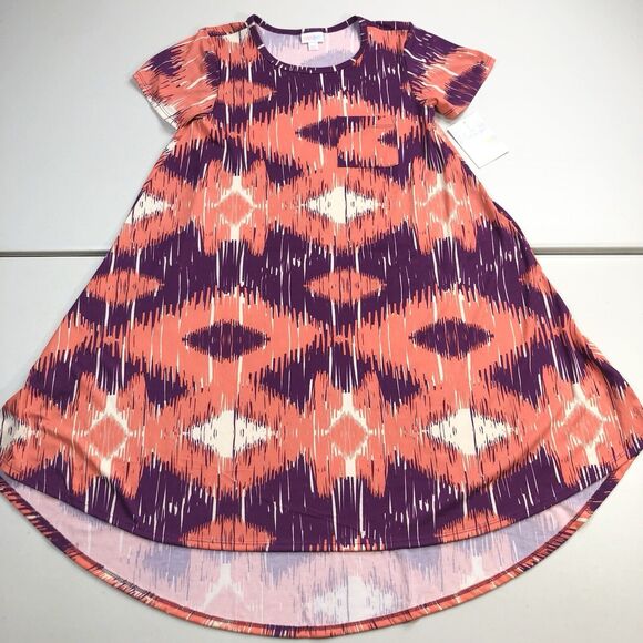 LuLaRoe Dresses & Skirts - Lularoe Carly Sz XXS Short Sleeve Dress Purple Orange Multicolored Print Hi-Low